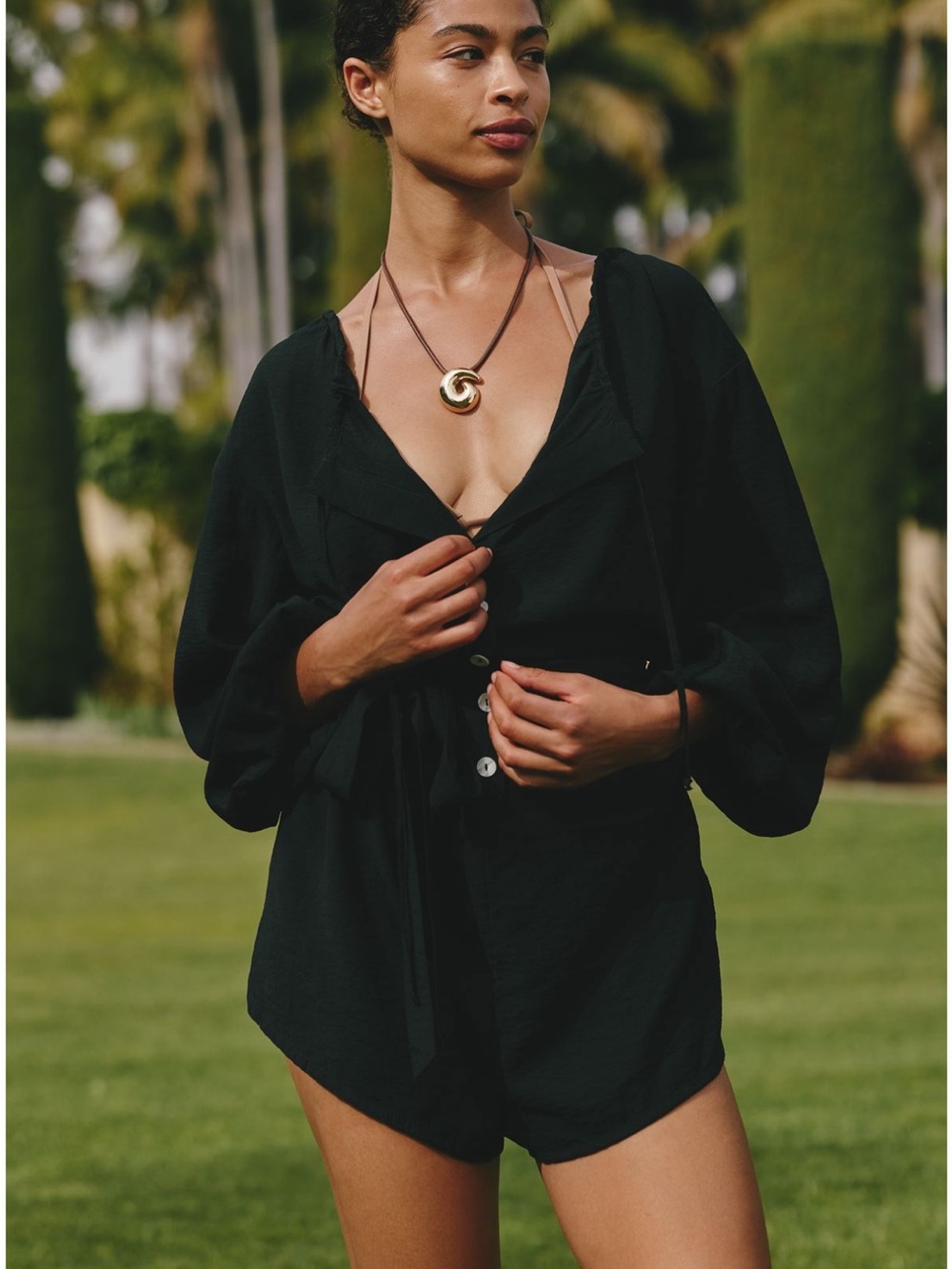 Anthropologie Black Button-Front Swim Coverup Romper